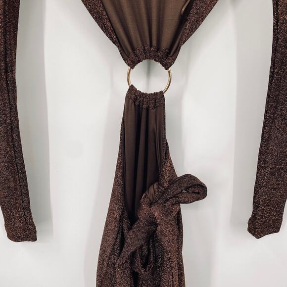 MESHKI Christina Backless Cut out Dress Long Sleeve Brown Gold Metallic NEW XXS - Picture 6 of 12